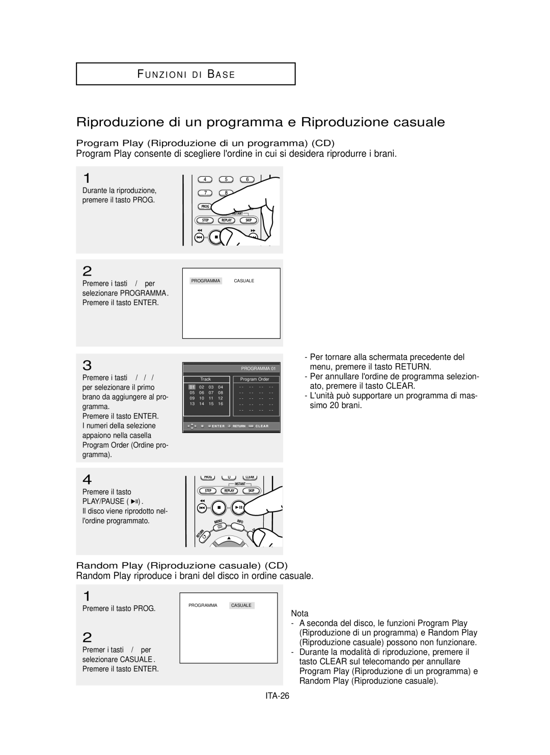 Samsung DVD-P355/XET Riproduzione di un programma e Riproduzione casuale, Random Play Riproduzione casuale CD, ITA-26 