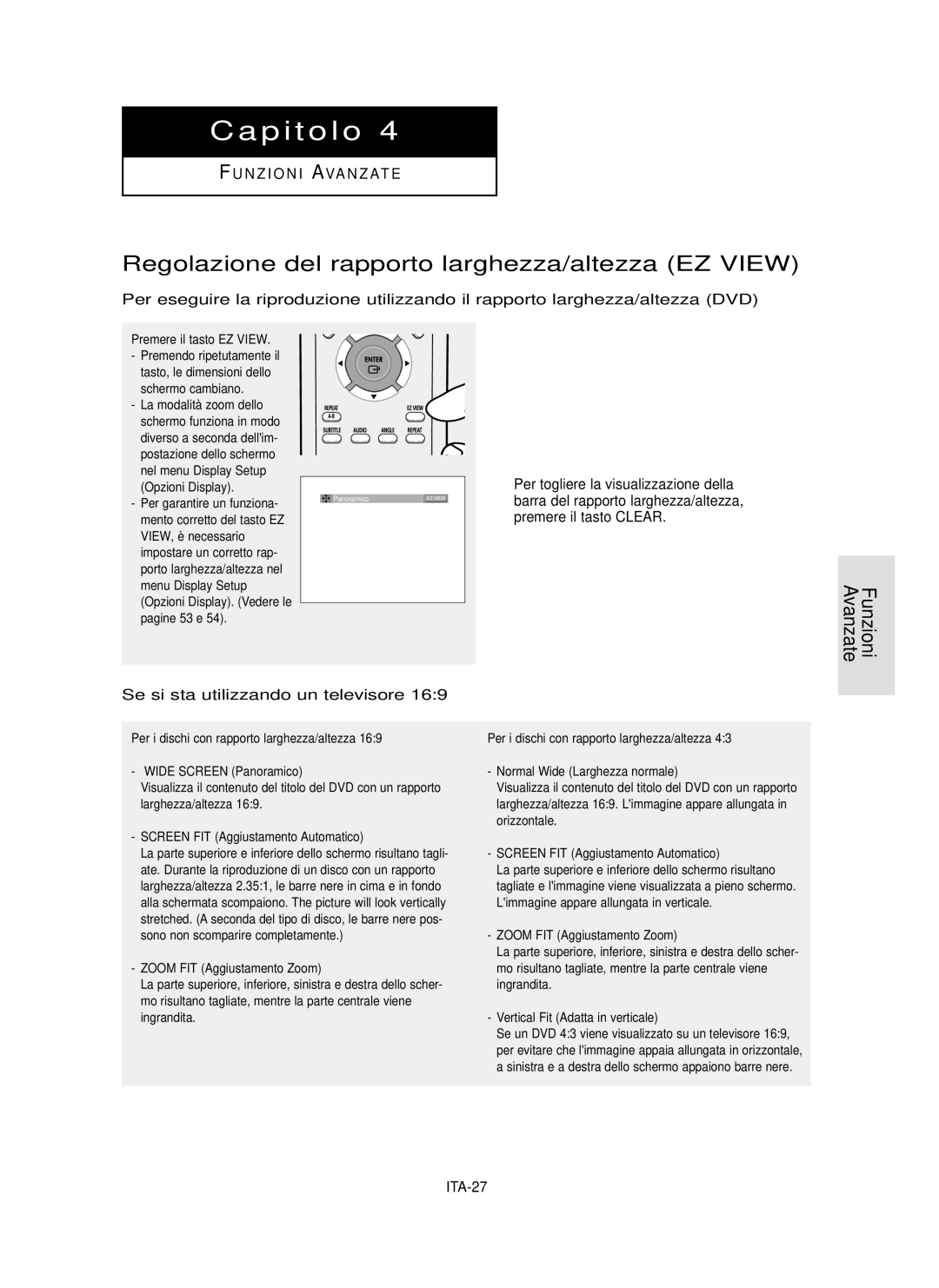 Samsung DVD-P355/XET manual Regolazione del rapporto larghezza/altezza EZ View, Se si sta utilizzando un televisore, ITA-27 