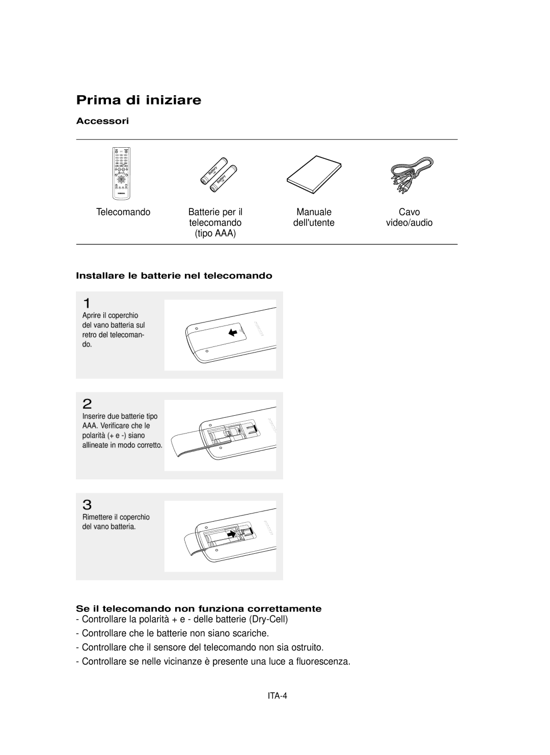 Samsung DVD-P355/XET manual Prima di iniziare, Telecomando Batterie per il, Tipo AAA 