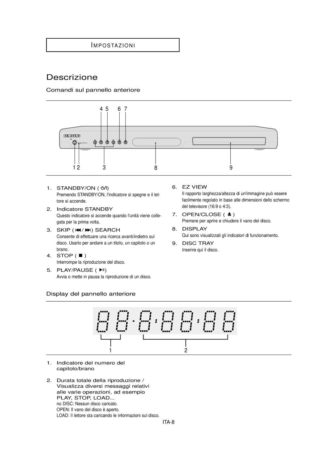 Samsung DVD-P355/XET manual Descrizione, Comandi sul pannello anteriore, Display del pannello anteriore 