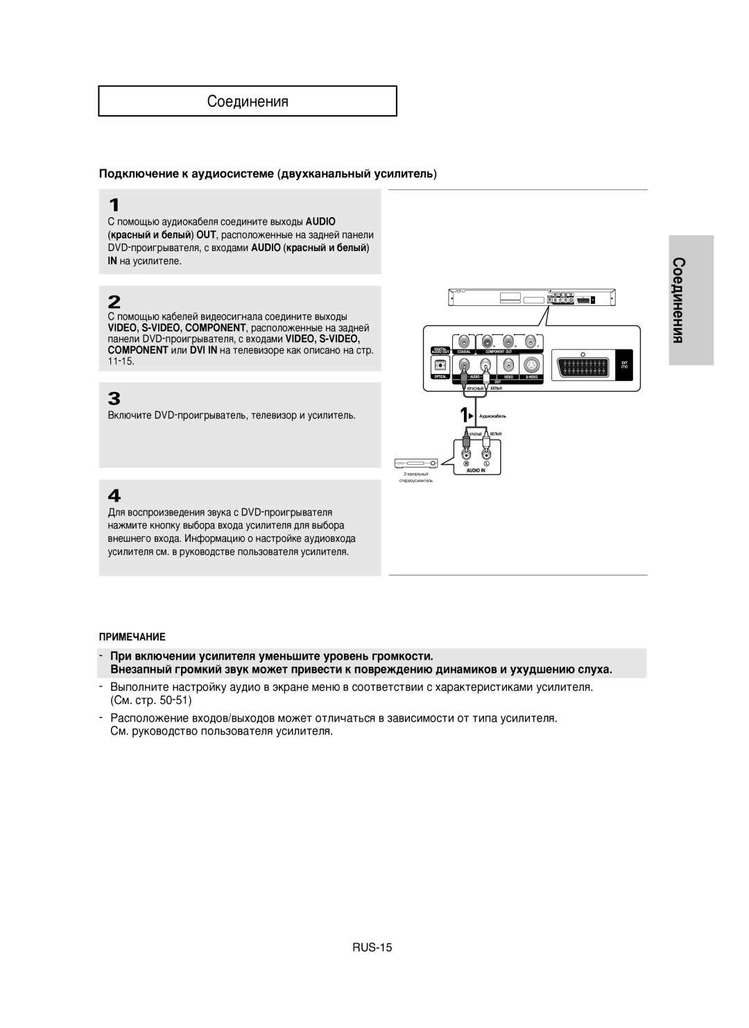 Samsung DVD-P355/XEV manual ÈÓ‰ÍÎ˛˜ÂÌËÂ Í ‡Û‰ËÓÒËÒÚÂÏÂ ‰‚ÛıÍ‡Ì‡Î¸Ì˚È ÛÒËÎËÚÂÎ¸, ÔÓÏÓ˘¸˛ ‡Û‰ËÓÍ‡·ÂÎﬂ ÒÓÂ‰ËÌËÚÂ ‚˚ıÓ‰˚ Audio 