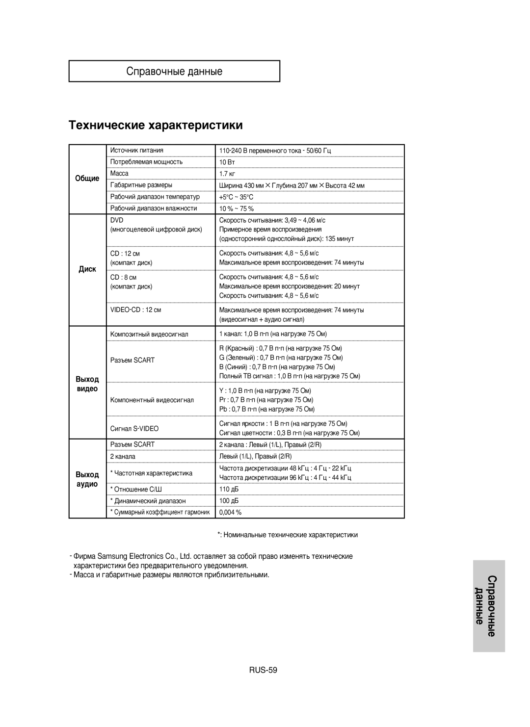 Samsung DVD-P355/XEV manual ÍÂıÌË˜ÂÒÍËÂ ı‡‡ÍÚÂËÒÚËÍË, ·˘Ëâ 