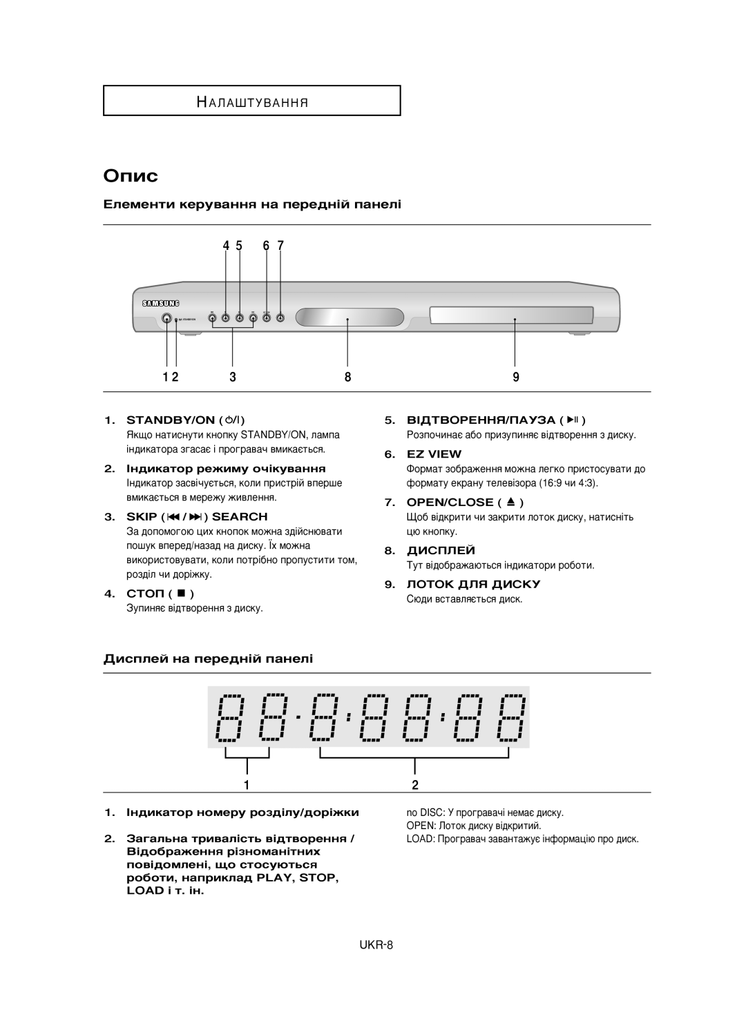 Samsung DVD-P355/XEV manual Éôëò, Öîâïâìúë ÍÂÛ‚‡ÌÌﬂ Ì‡ ÔÂÂ‰Ì¥È Ô‡ÌÂÎ¥, UKR-8, Open/Close 