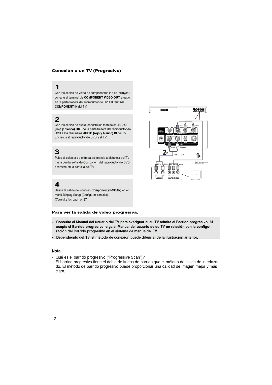 Samsung DVD-P360/XEC, DVD-P365/XEC, DVD-P365/AFR manual Nota, Conexión a un TV Progresivo 