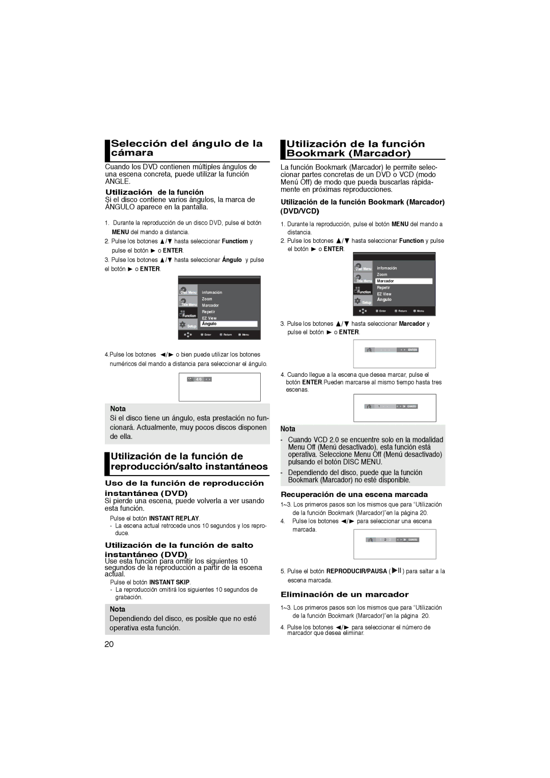 Samsung DVD-P365/AFR, DVD-P360/XEC manual Selección del ángulo de la cámara, Utilización de la función Bookmark Marcador 