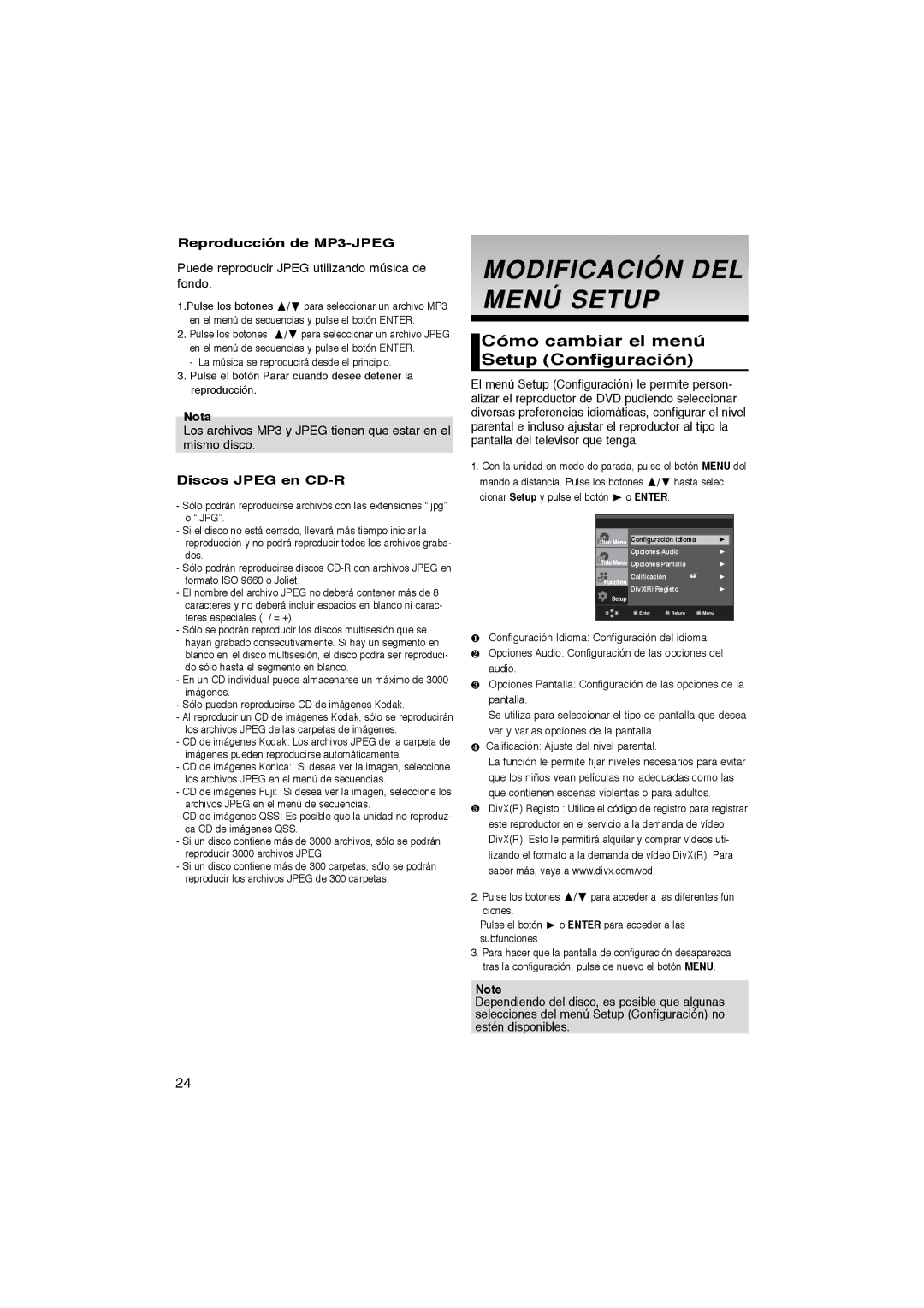 Samsung DVD-P360/XEC manual Modificación DEL Menú Setup, Cómo cambiar el menú Setup Configuración, Reproducción de MP3-JPEG 