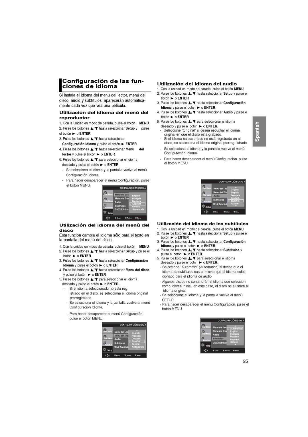 Samsung DVD-P365/XEC manual Configuración de las fun- ciones de idioma, Utilización del idioma del menú del reproductor 