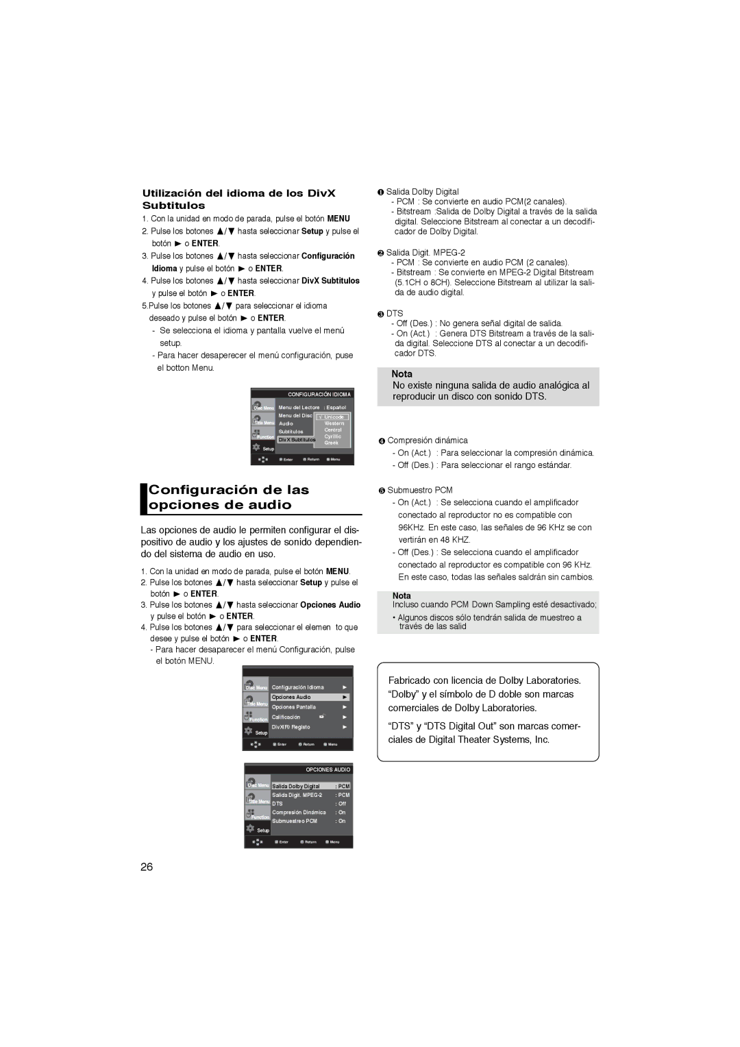 Samsung DVD-P365/AFR, DVD-P360/XEC Configuración de las opciones de audio, Utilización del idioma de los DivX Subtitulos 