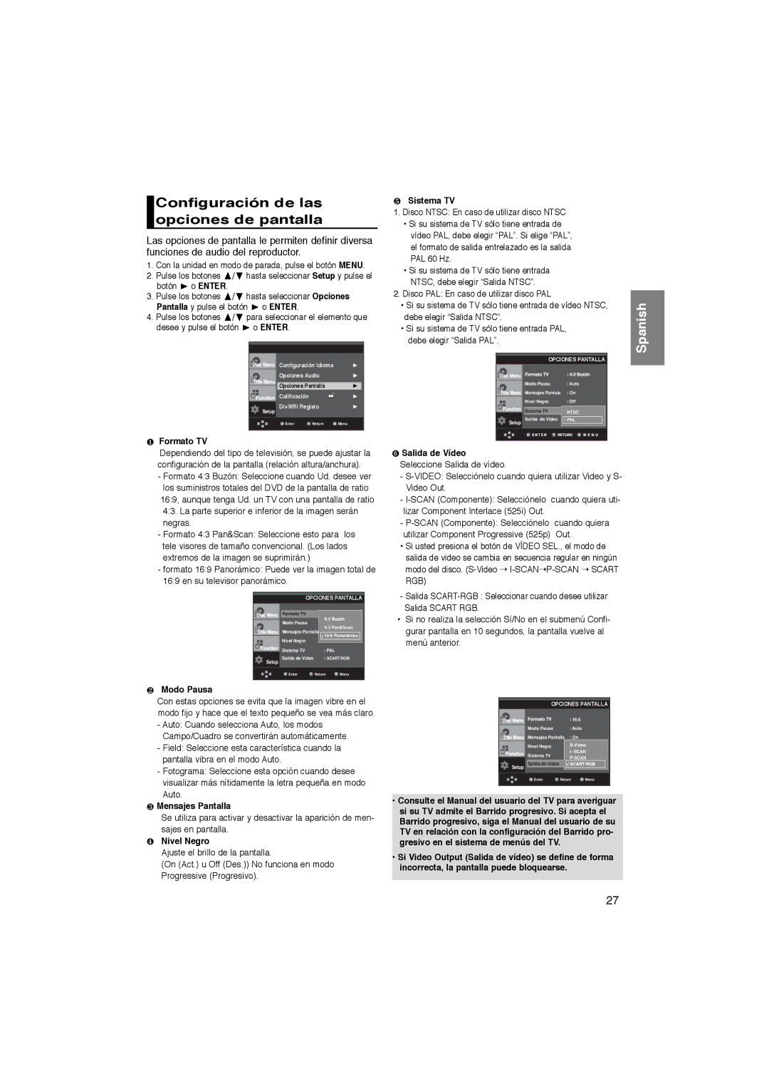 Samsung DVD-P360/XEC, DVD-P365/XEC, DVD-P365/AFR manual Configuración de las opciones de pantalla 