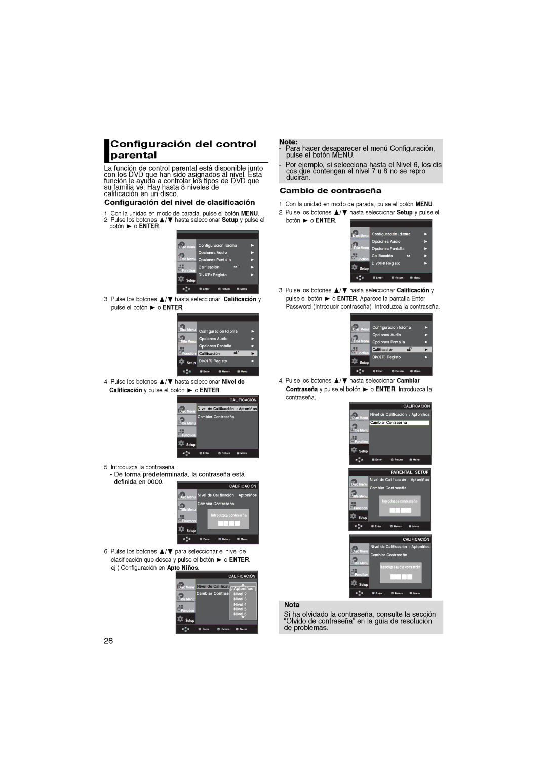 Samsung DVD-P365/XEC Configuración del control parental, Configuración del nivel de clasificación, Cambio de contraseña 