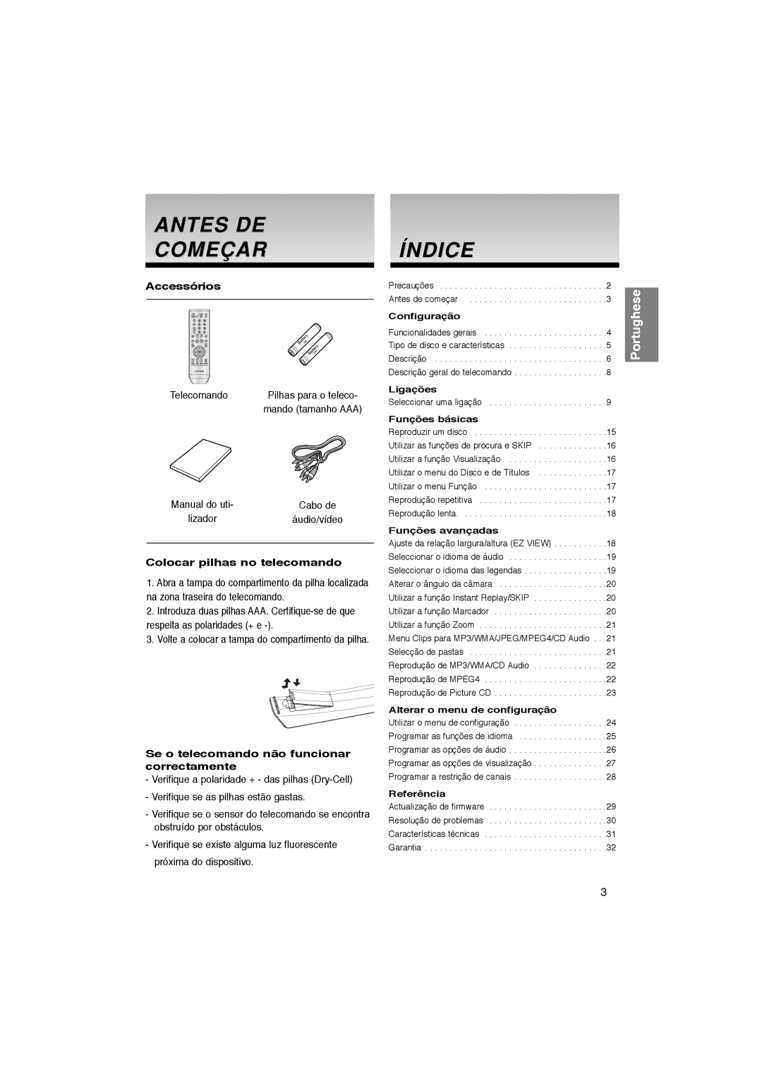 Samsung DVD-P365/AFR, DVD-P360/XEC, DVD-P365/XEC manual Antes DE Começar, Índice, Accessórios, Colocar pilhas no telecomando 