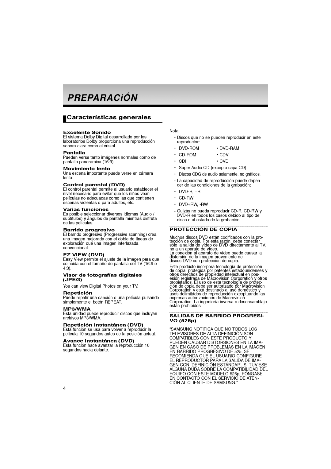 Samsung DVD-P365/XEC, DVD-P360/XEC, DVD-P365/AFR manual Características generales 