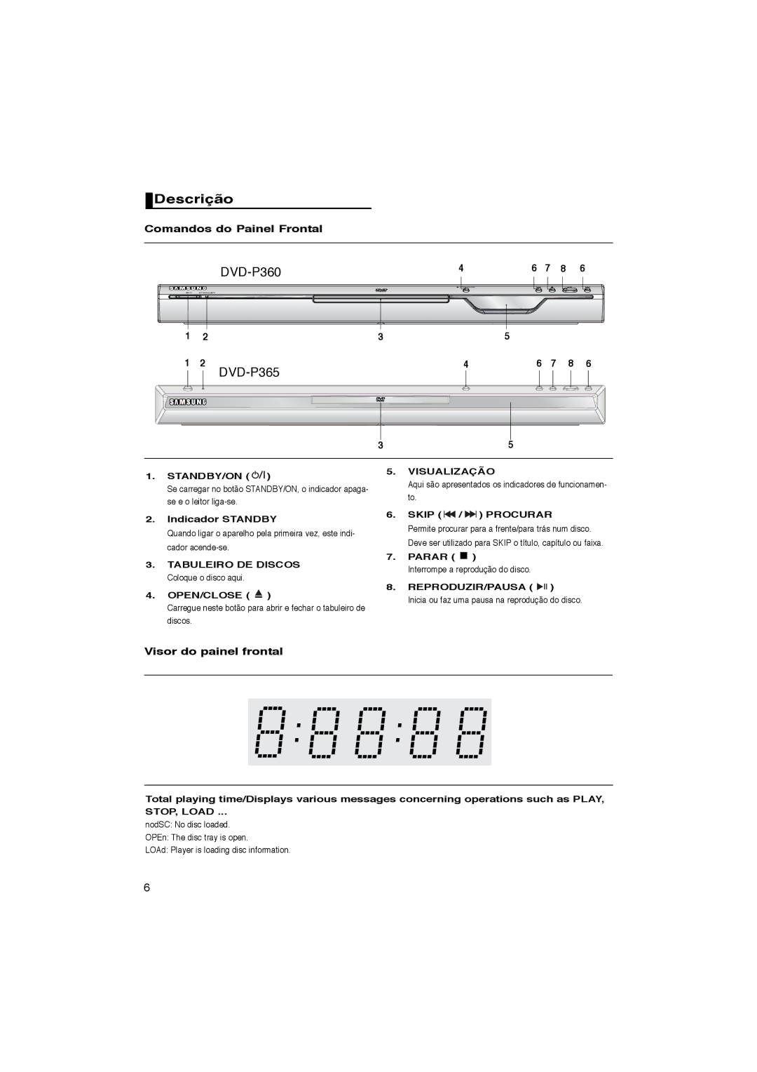 Samsung DVD-P365/AFR, DVD-P360/XEC, DVD-P365/XEC manual Descrição, Comandos do Painel Frontal, Visor do painel frontal 