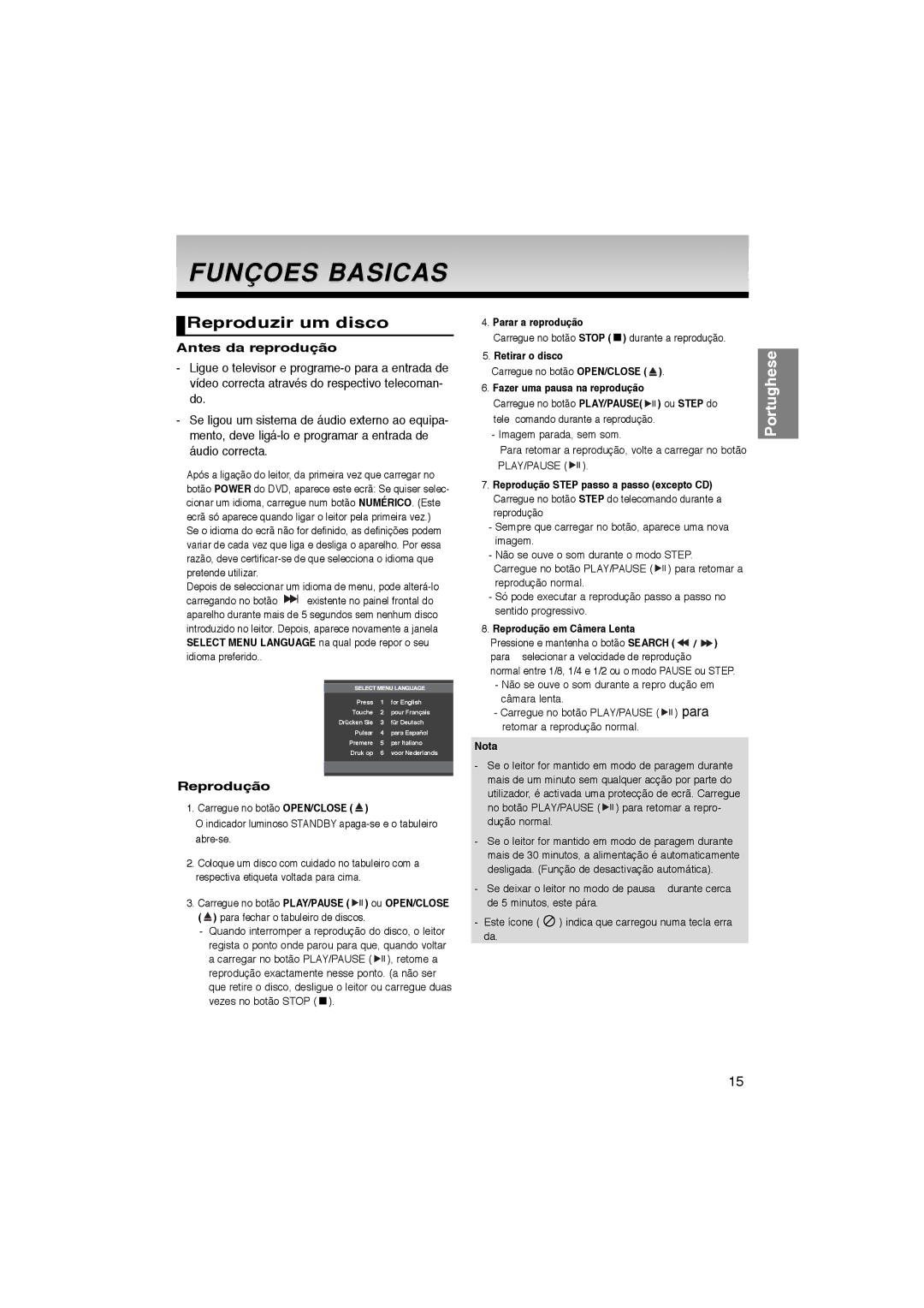 Samsung DVD-P365/AFR, DVD-P360/XEC, DVD-P365/XEC manual Funçoes Basicas, Reproduzir um disco, Antes da reprodução, Reprodução 