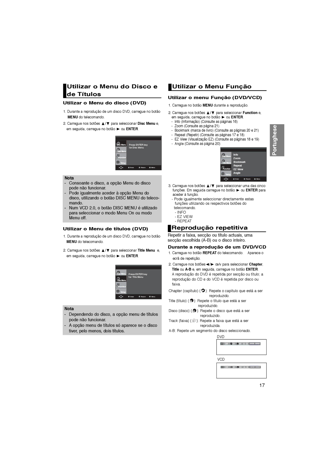 Samsung DVD-P365/XEC, DVD-P360/XEC Utilizar o Menu do Disco e de Títulos, Utilizar o Menu Função, Reprodução repetitiva 