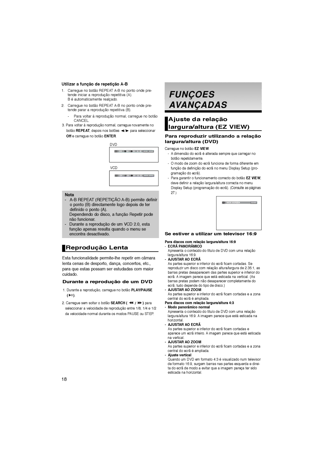 Samsung DVD-P365/AFR, DVD-P360/XEC manual Funçoes Avançadas, Reprodução Lenta, Ajuste da relação largura/altura EZ View 