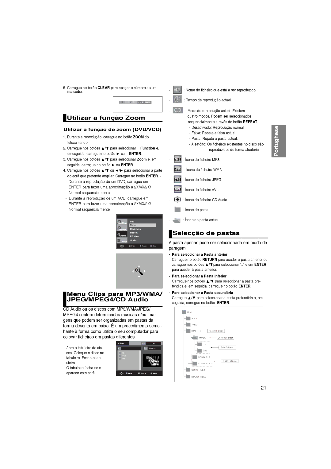 Samsung DVD-P365/AFR manual Utilizar a função Zoom, Menu Clips para MP3/WMA/ JPEG/MPEG4/CD Audio, Selecção de pastas 