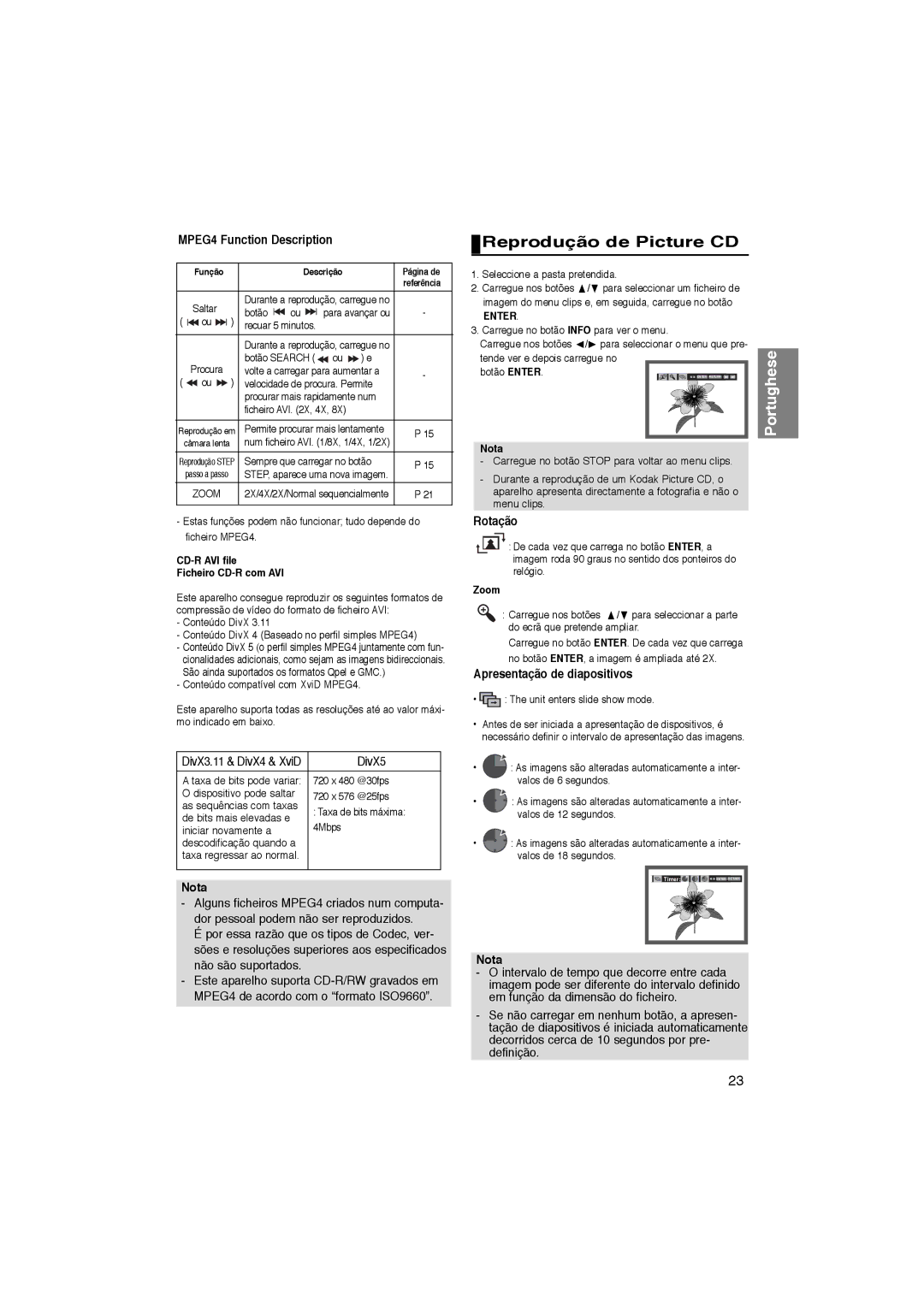 Samsung DVD-P365/XEC manual Reprodução de Picture CD, MPEG4 Function Description, Rotação, Apresentação de diapositivos 