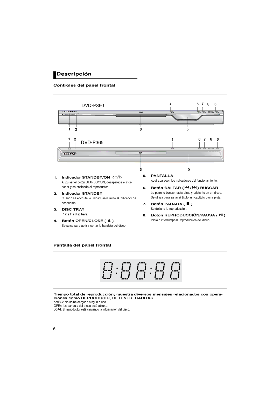 Samsung DVD-P360/XEC, DVD-P365/XEC, DVD-P365/AFR Descripción, Controles del panel frontal, Pantalla del panel frontal 