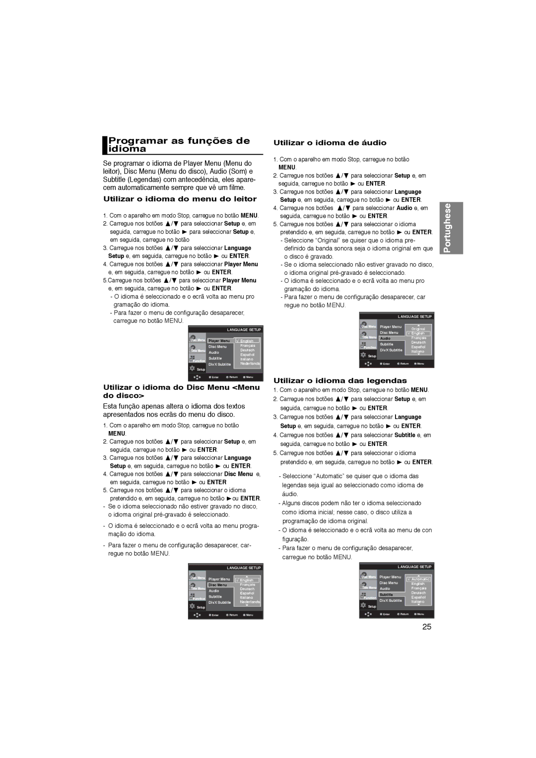 Samsung DVD-P360/XEC manual Programar as funções de idioma, Utilizar o idioma do menu do leitor, Utilizar o idioma de áudio 