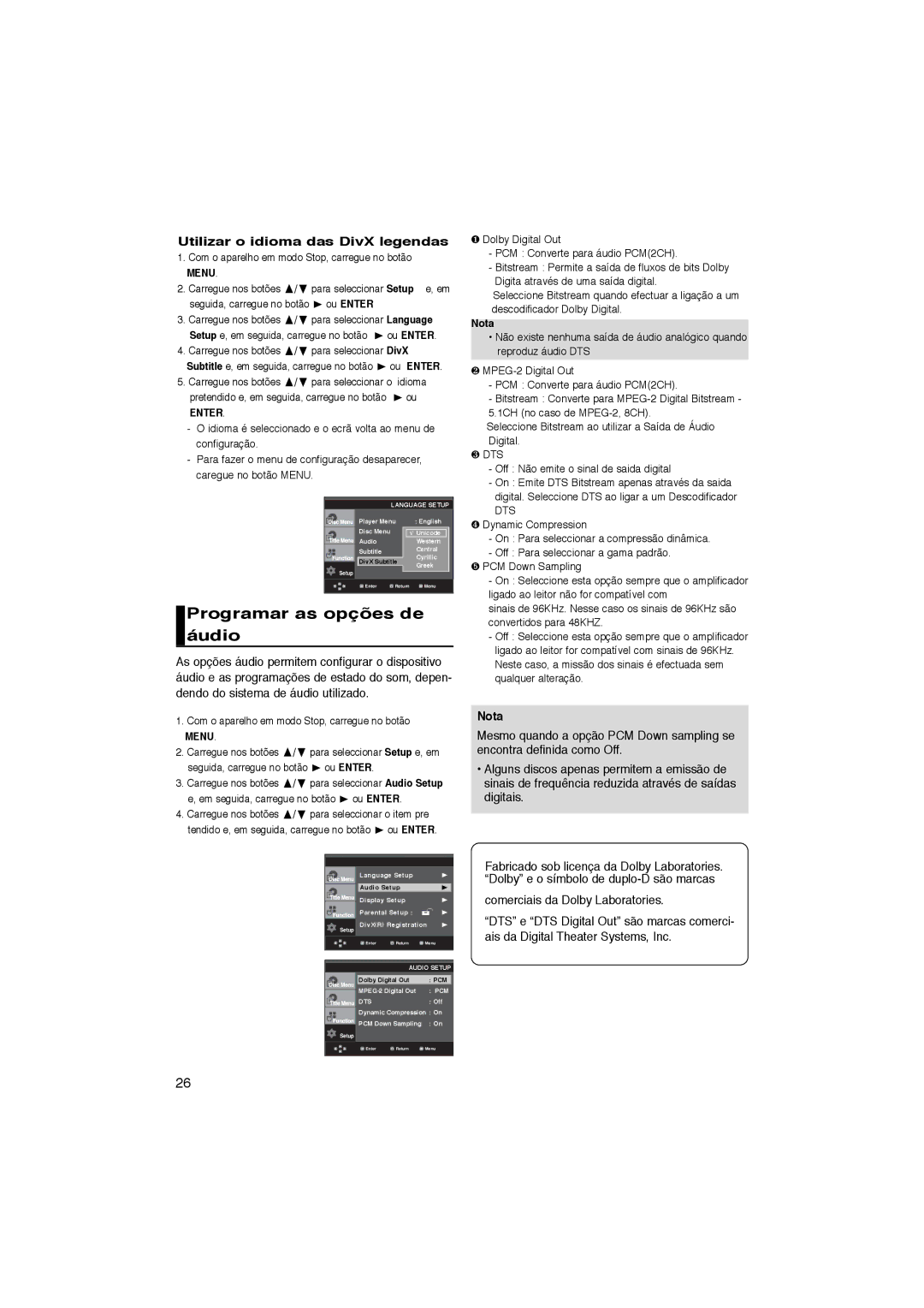 Samsung DVD-P365/XEC, DVD-P360/XEC, DVD-P365/AFR manual Programar as opções de áudio, Utilizar o idioma das DivX legendas 