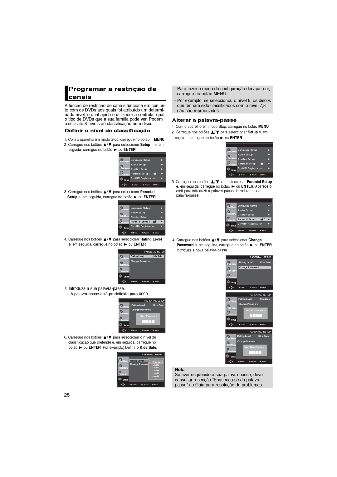 Samsung DVD-P360/XEC manual Programar a restrição de canais, Definir o nível de classificação, Alterar a palavra-passe 