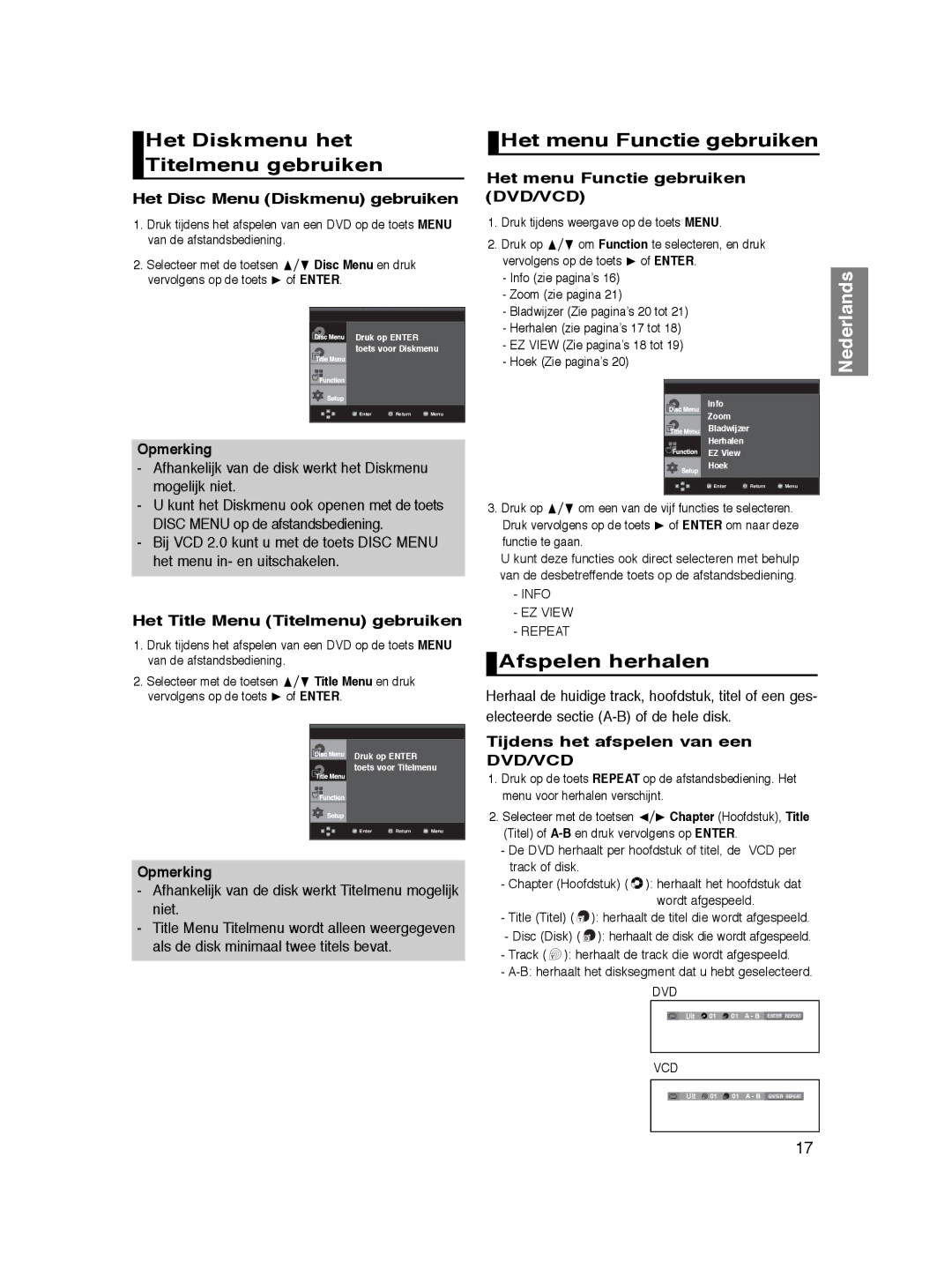 Samsung DVD-P360/XEG, DVD-P360/XEC manual Afspelen herhalen, Het menu Functie gebruiken, Het Disc Menu Diskmenu gebruiken 