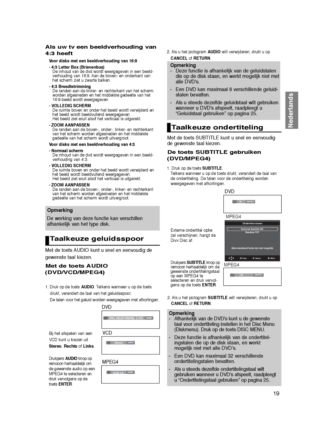 Samsung DVD-P360/XEL manual Taalkeuze ondertiteling, Taalkeuze geluidsspoor, Als uw tv een beeldverhouding van 43 heeft 