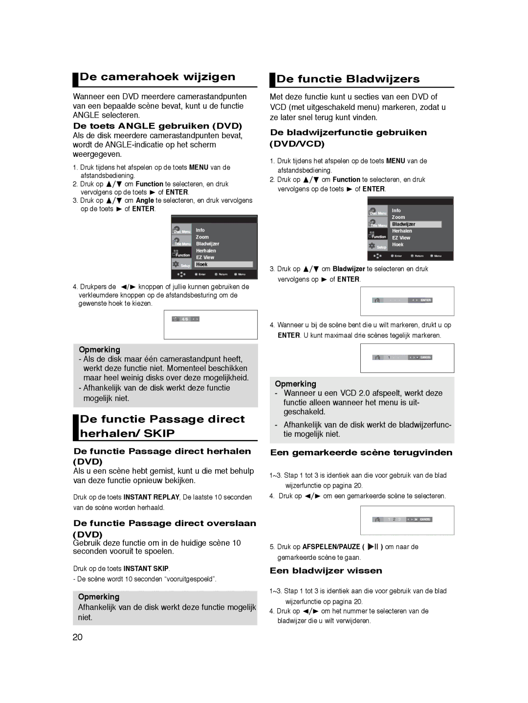 Samsung DVD-P365/XEL manual De camerahoek wijzigen, De functie Passage direct herhalen/ Skip, De functie Bladwijzers 