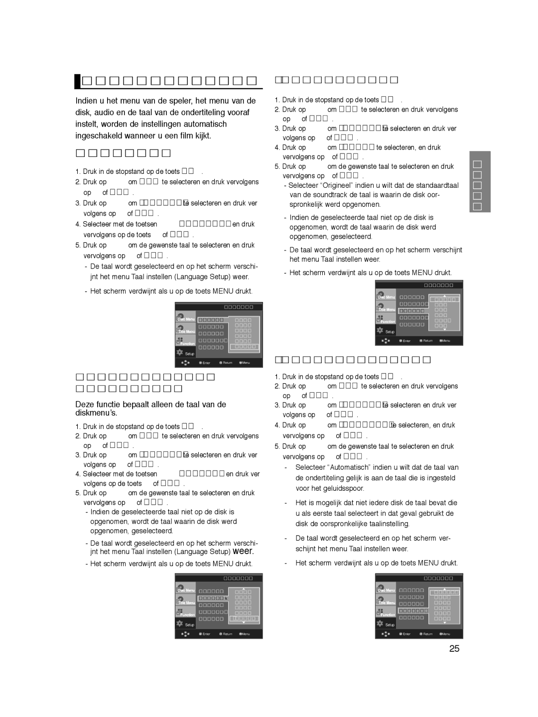 Samsung DVD-P360K/SEO manual De taalfuncties instellen, Menutaal speler, De taal van het Disc Menu diskmenu instellen 