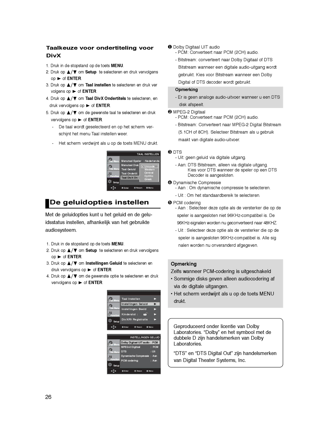 Samsung DVD-P360/XEG, DVD-P360/XEC manual De geluidopties instellen, Taalkeuze voor ondertiteling voor DivX, Opmerking 