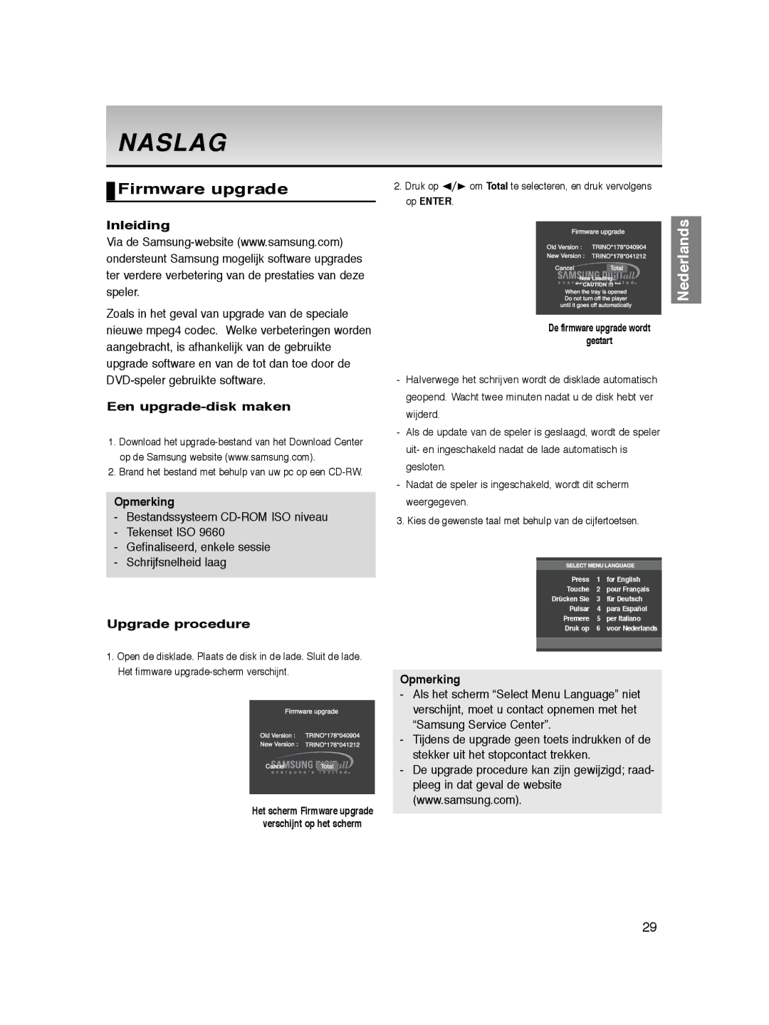 Samsung DVD-P365/XEL manual Naslag, Inleiding, Een upgrade-disk maken, Het scherm Firmware upgrade Verschijnt op het scherm 