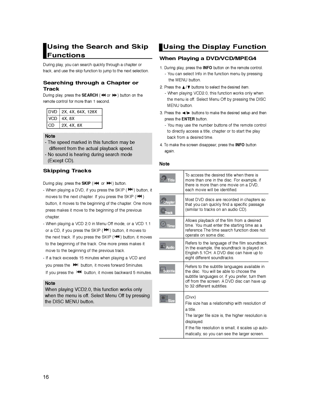 Samsung DVD-P361K/SEO, DVD-P360/XEG manual Using the Search and Skip Functions, Using the Display Function, Skipping Tracks 