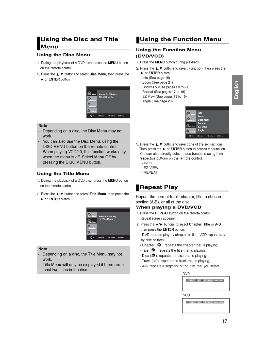 Samsung DVD-P360K/SEO, DVD-P360/XEG, DVD-P360/XEC manual Using the Disc and Title Menu, Using the Function Menu, Repeat Play 