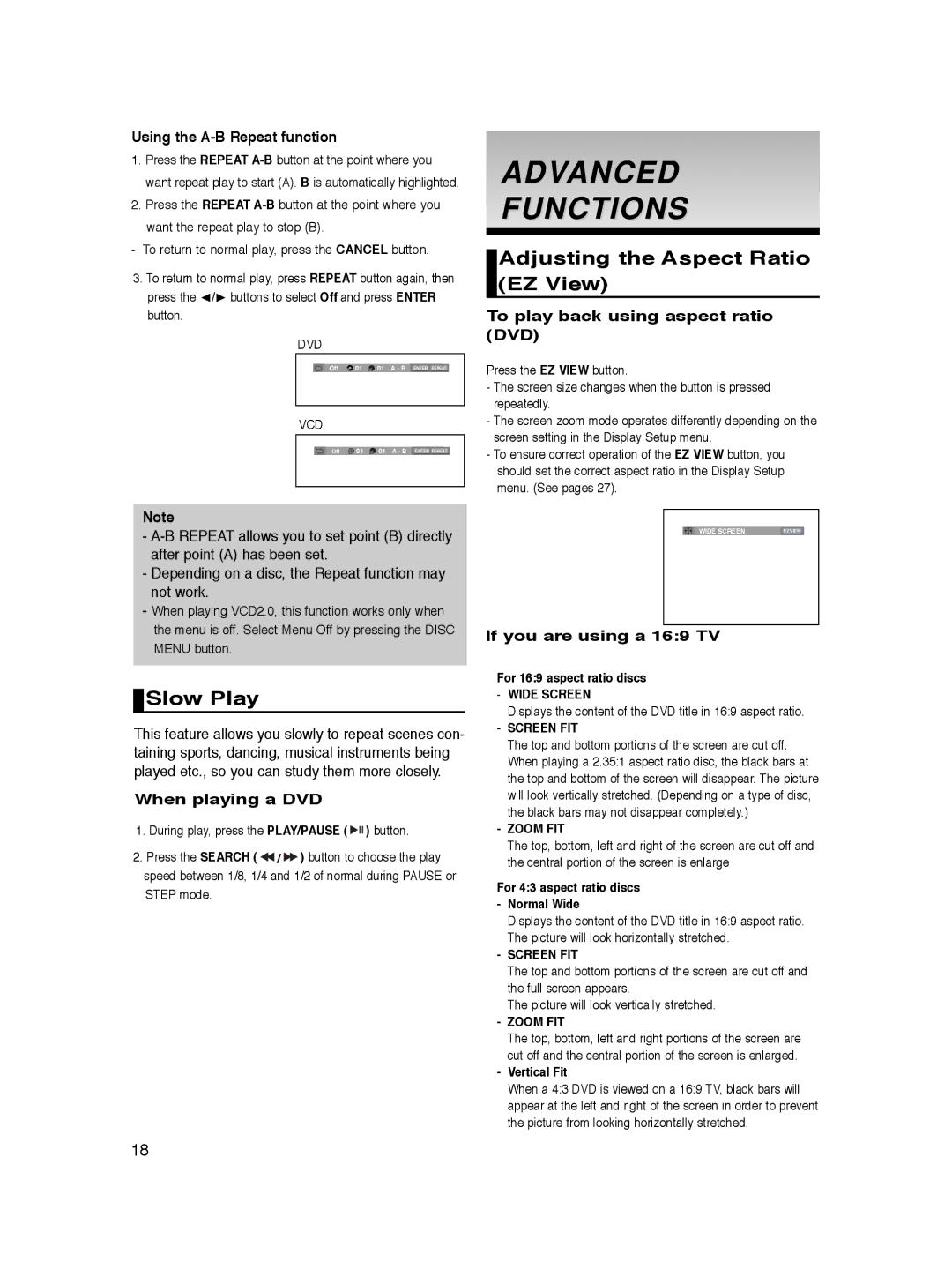 Samsung DVD-P360/XEG, DVD-P360/XEC, DVD-P360/XEL manual Advanced Functions, Adjusting the Aspect Ratio EZ View, Slow Play 