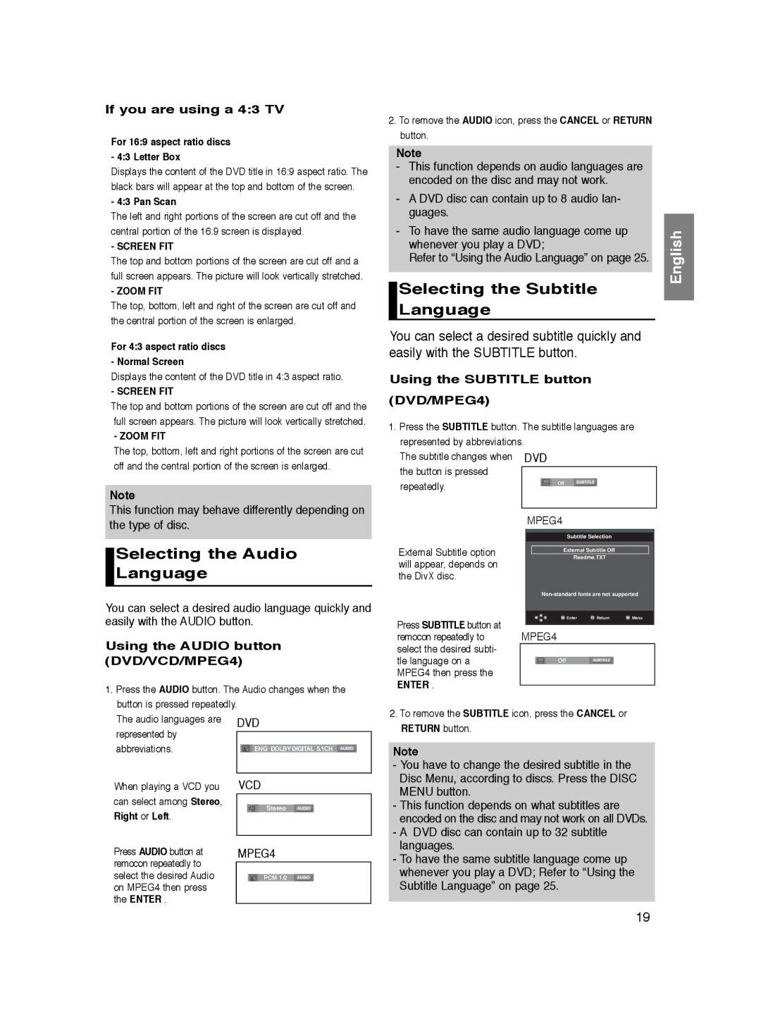 Samsung DVD-P360/XEC, DVD-P360/XEG Selecting the Subtitle Language, Selecting the Audio Language, If you are using a 43 TV 