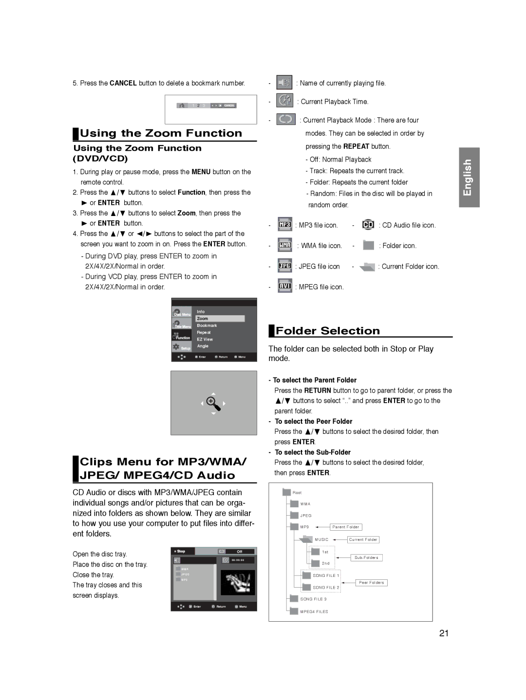 Samsung DVD-P365/XEL, DVD-P360/XEG Using the Zoom Function, Clips Menu for MP3/WMA/ JPEG/ MPEG4/CD Audio, Folder Selection 