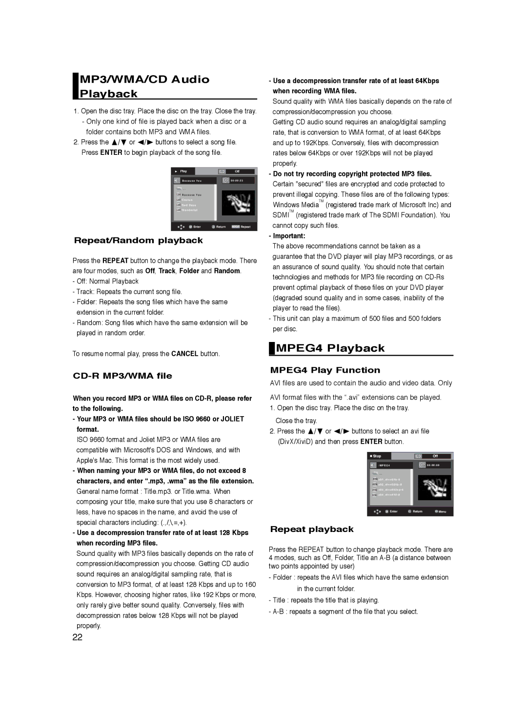 Samsung DVD-P360/FOU, DVD-P360/XEG, DVD-P360/XEC, DVD-P360/XEL, DVD-P365/XEL manual MP3/WMA/CD Audio Playback, MPEG4 Playback 