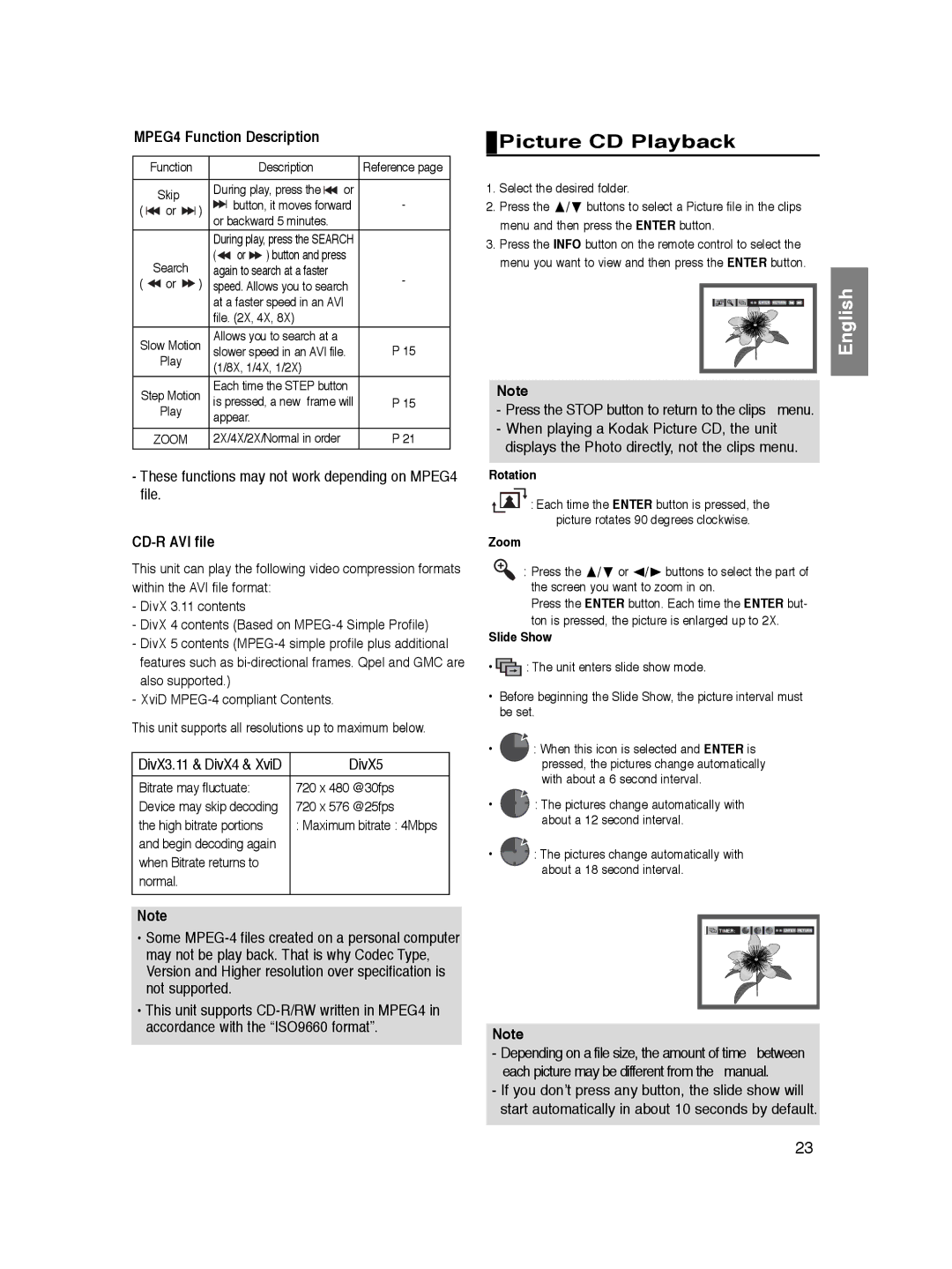 Samsung DVD-P365/FOU, DVD-P360/XEG, DVD-P360/XEC manual Picture CD Playback, MPEG4 Function Description, CD-R AVI file 