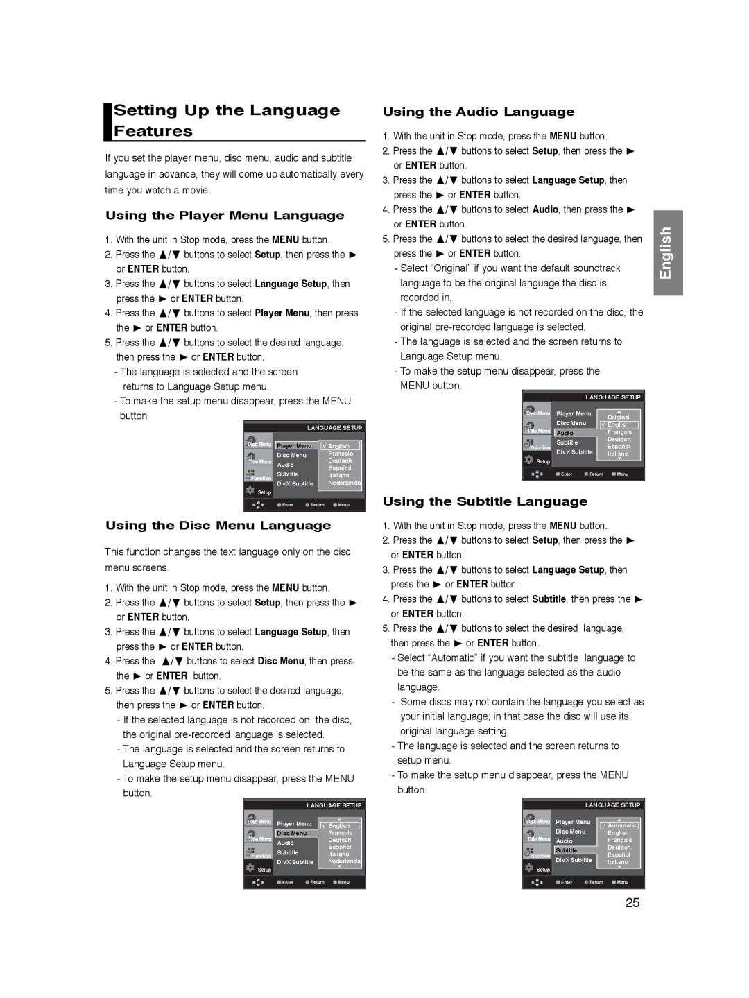 Samsung DVD-P361K/SEO manual Setting Up the Language Features, Using the Disc Menu Language, Using the Audio Language 