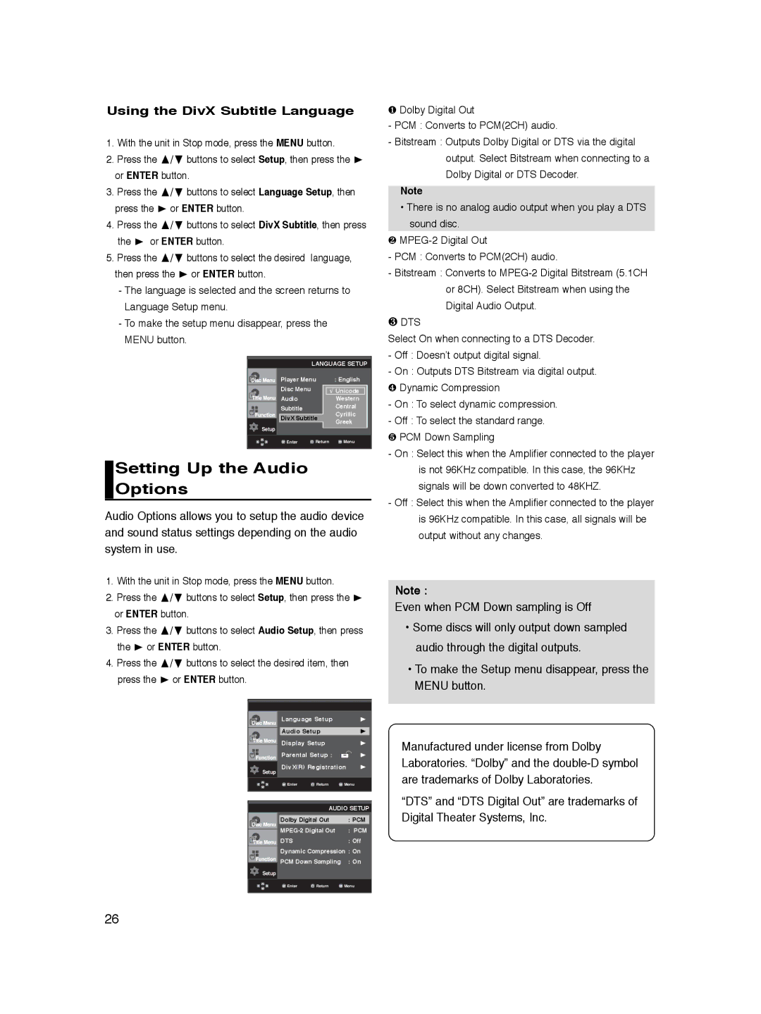 Samsung DVD-P360K/SEO Setting Up the Audio Options, Using the DivX Subtitle Language, Even when PCM Down sampling is Off 