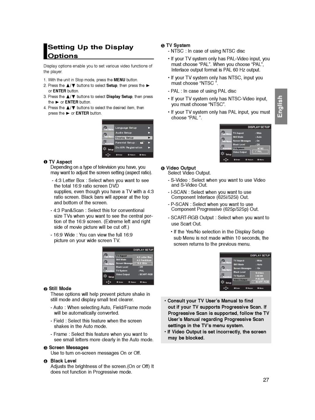 Samsung DVD-P360/XEG, DVD-P360/XEC, DVD-P360/XEL, DVD-P365/XEL, DVD-P360/FOU, DVD-P365/FOU manual Setting Up the Display Options 