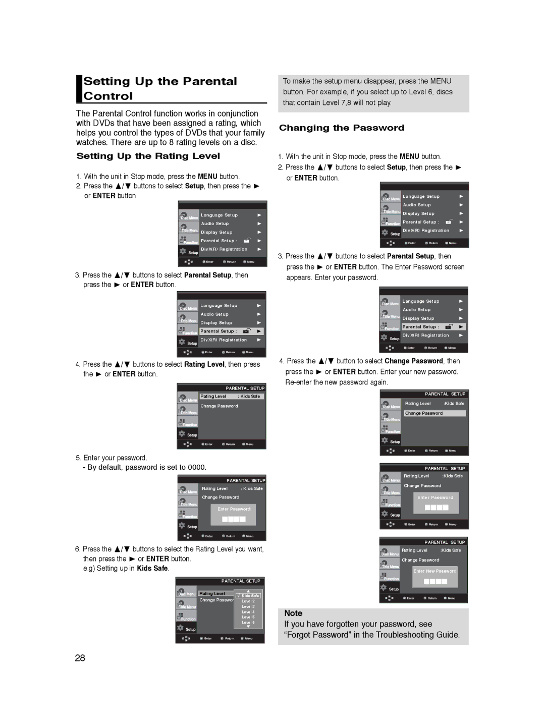 Samsung DVD-P360/XEC, DVD-P360/XEG Setting Up the Parental Control, Setting Up the Rating Level, Changing the Password 