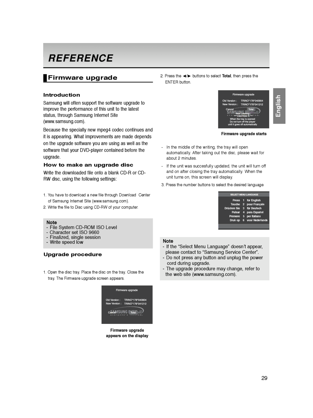 Samsung DVD-P360/XEL manual Reference, Firmware upgrade, Introduction, How to make an upgrade disc, Upgrade procedure 