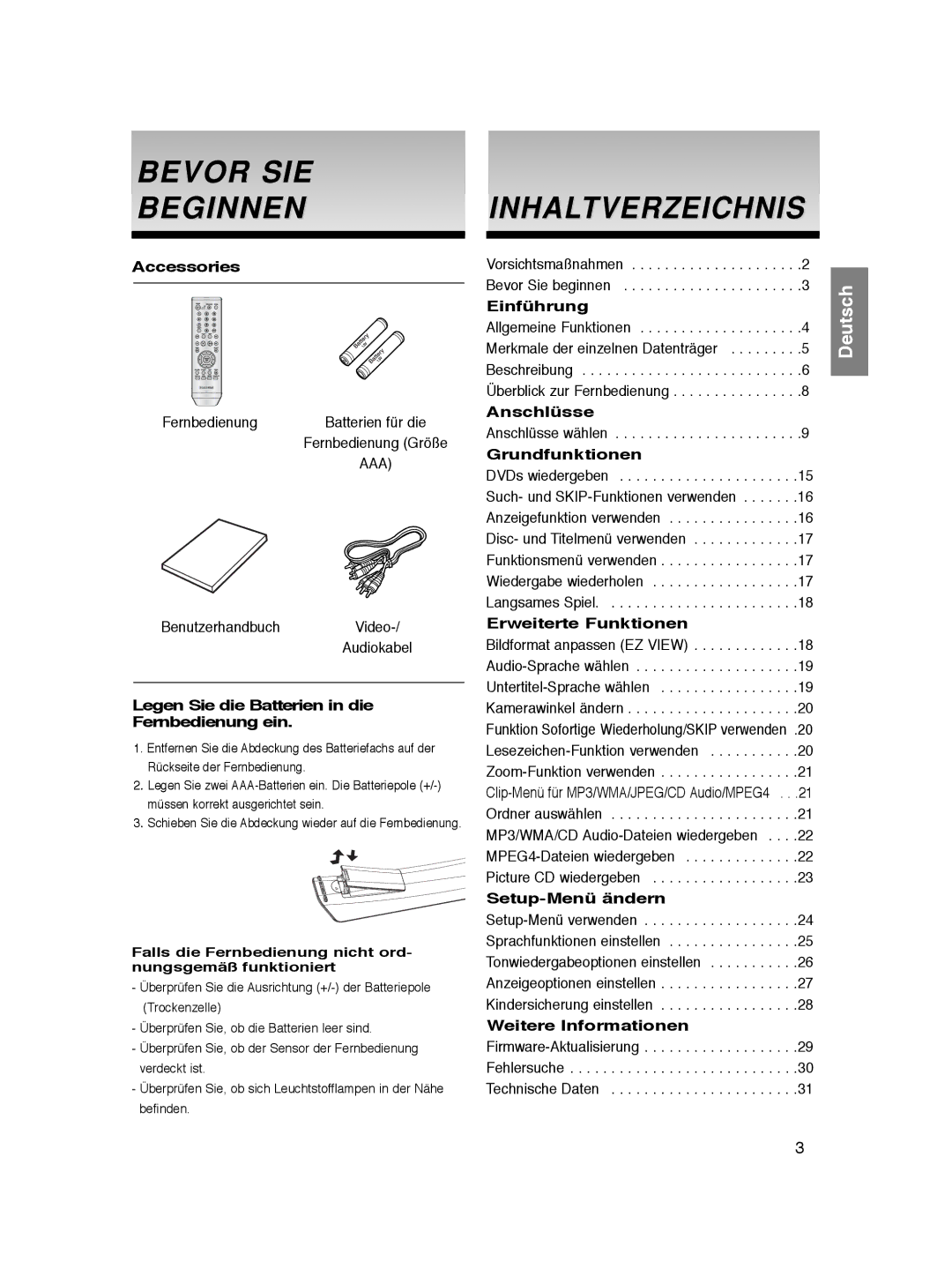 Samsung DVD-P360K/SEO, DVD-P360/XEG, DVD-P360/XEC, DVD-P360/XEL, DVD-P365/XEL manual Bevor SIE Beginnen, Inhaltverzeichnis 