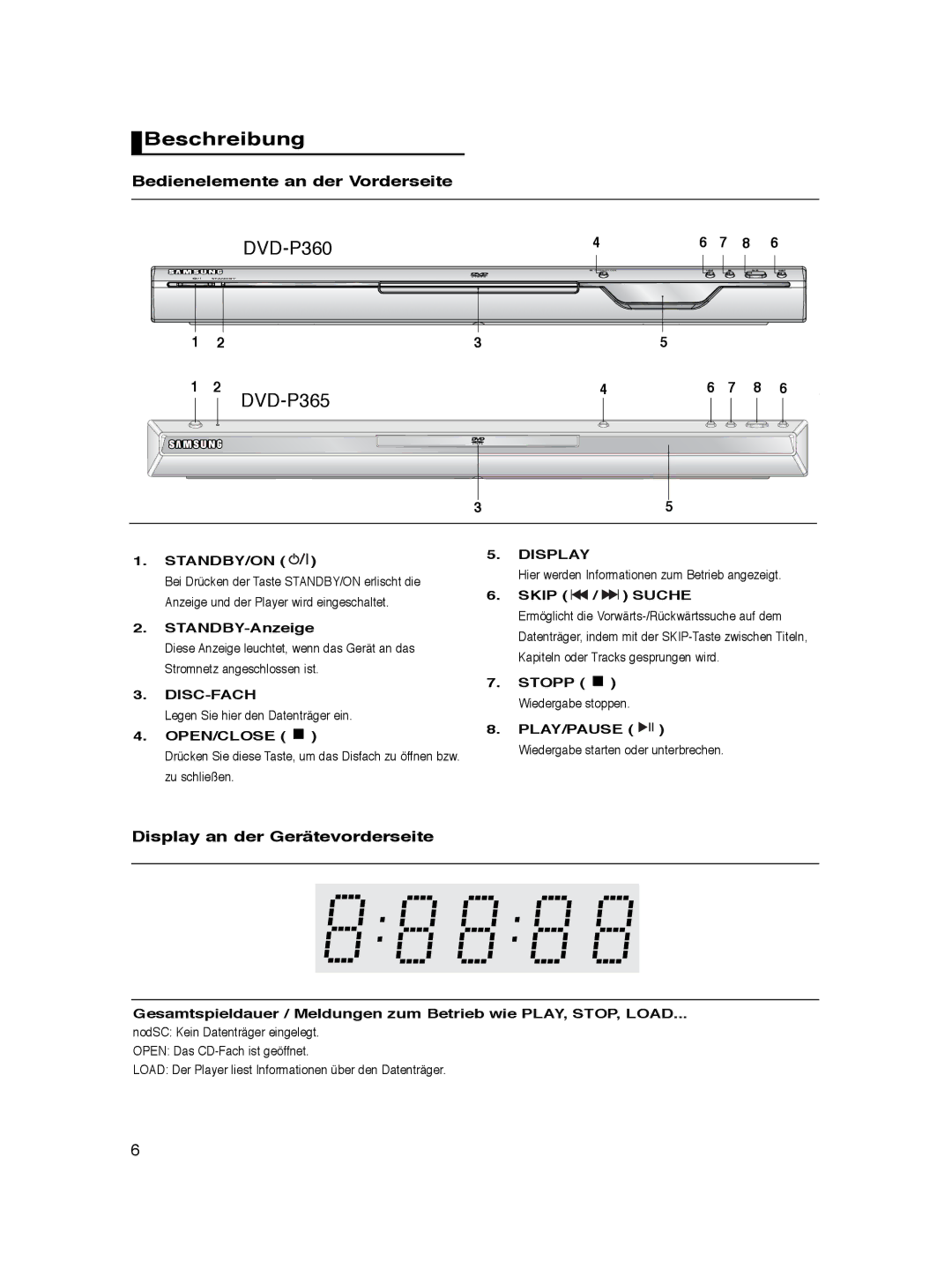 Samsung DVD-P360/XEL manual Beschreibung, Bedienelemente an der Vorderseite, Display an der Gerätevorderseite, Disc-Fach 