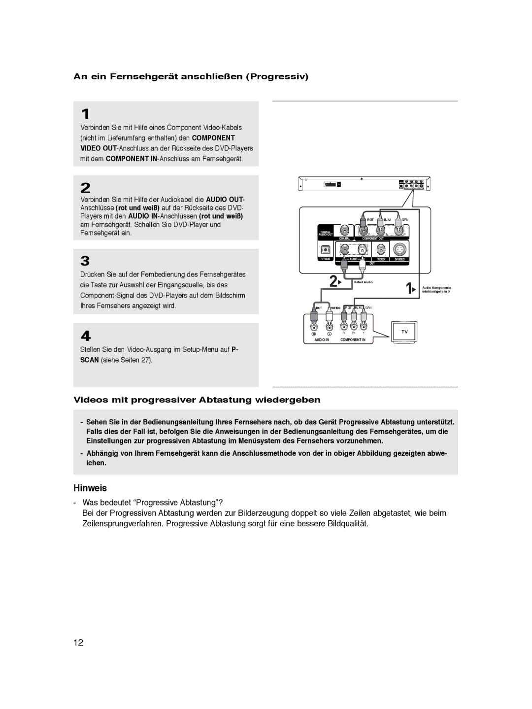 Samsung DVD-P360K/SEO Hinweis, An ein Fernsehgerät anschließen Progressiv, Videos mit progressiver Abtastung wiedergeben 
