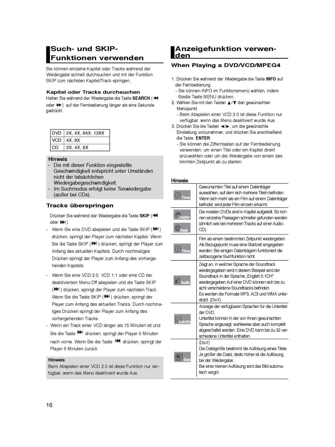 Samsung DVD-P365/XEL, DVD-P360/XEG Such- und SKIP- Funktionen verwenden, Anzeigefunktion verwen- den, Tracks überspringen 