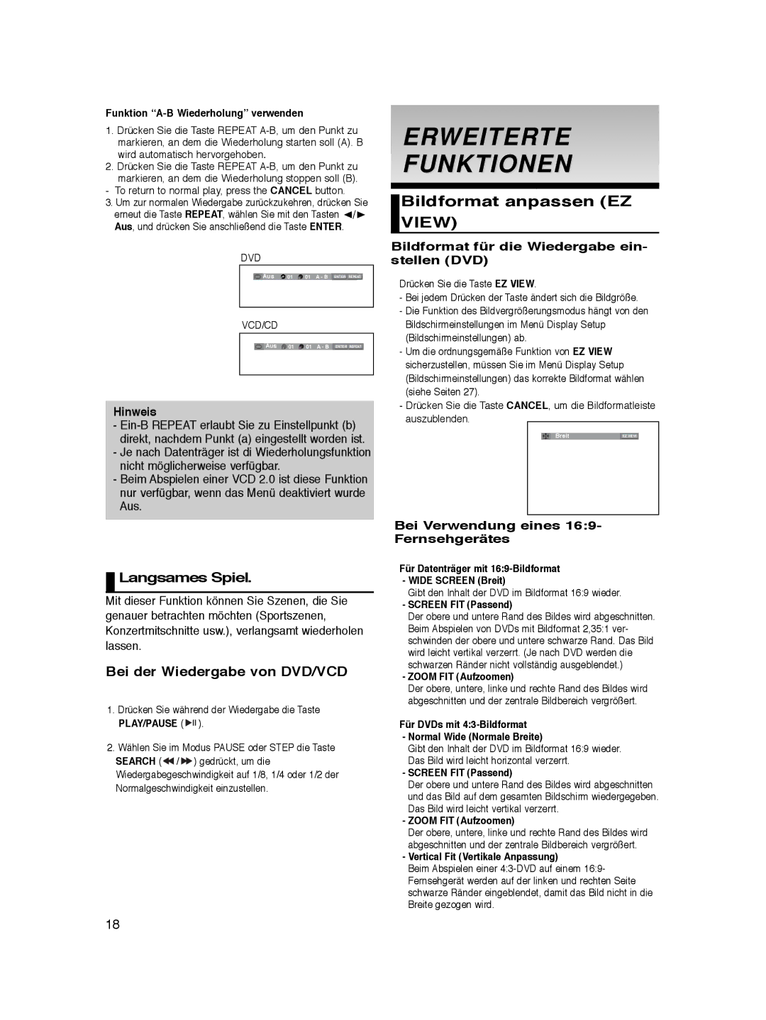 Samsung DVD-P365/FOU Erweiterte Funktionen, Bildformat anpassen EZ View, Langsames Spiel, Bei der Wiedergabe von DVD/VCD 