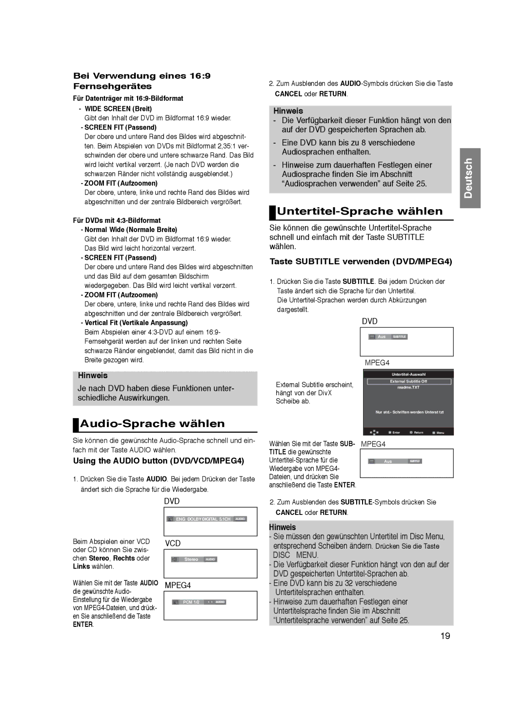 Samsung DVD-P365/XEH manual Untertitel-Sprache wählen, Audio-Sprache wählen, Bei Verwendung eines 169 Fernsehgerätes 